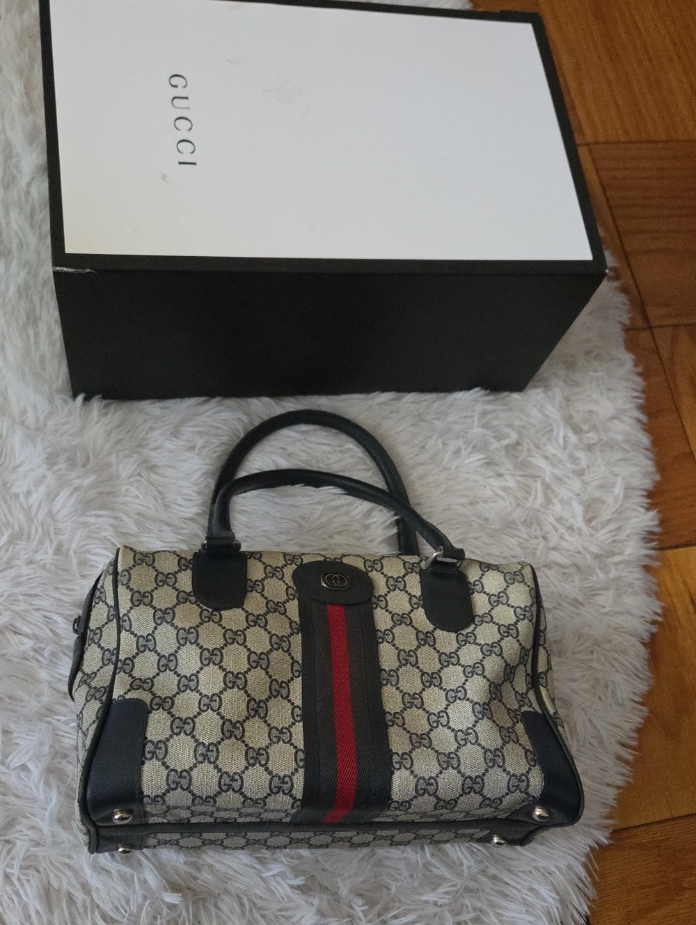 Gucci Beige/Tan GG Canvas Satchel with Red/Green Stripe